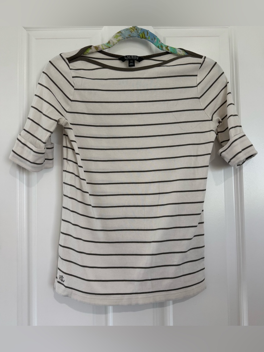 Lauren Ralph Lauren Women’s Cream and Olive Green Striped Boatneck Top